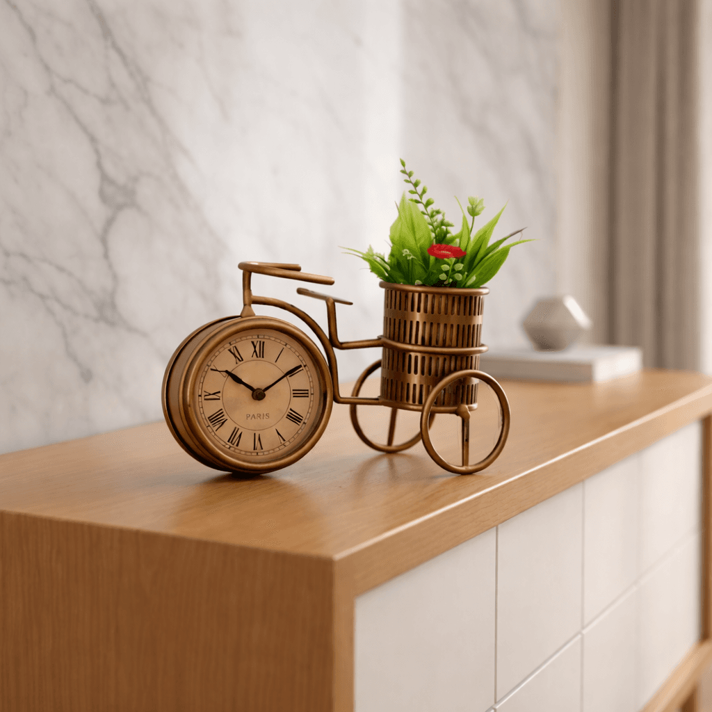 Vintage Paris Cycle Clock Planter – Handcrafted Metal Table Accent